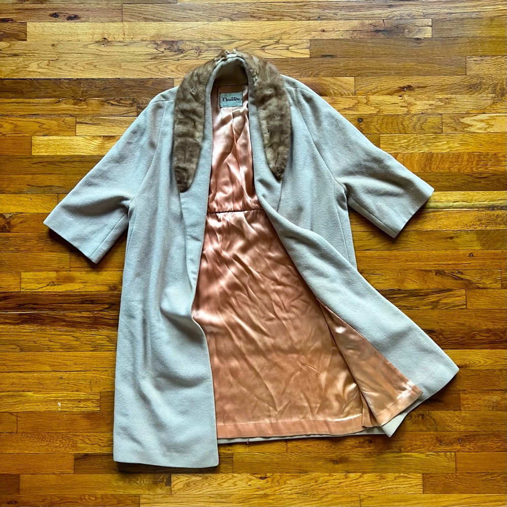 Vintage 1960s fur trim wool open coat jacket